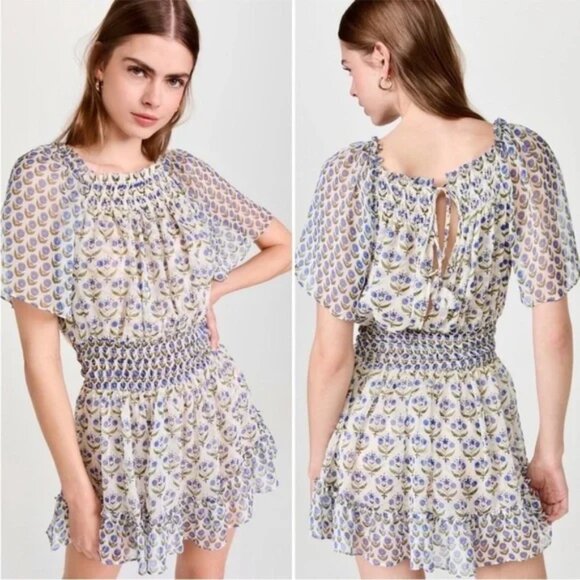 Misa LA Off the Shoulder Dress Severine Mini Chiffon in Pura Vida Blue Floral - Picture 1 of 12